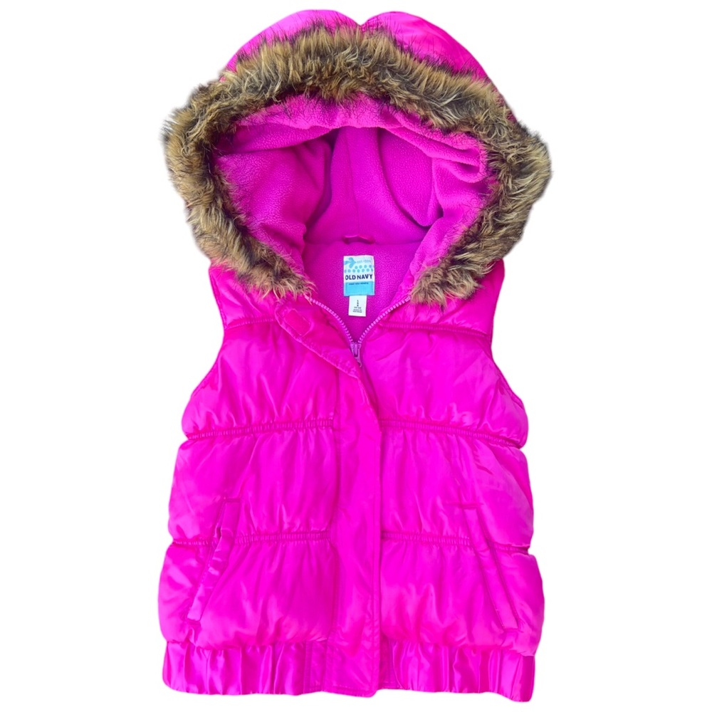 Y2K Vintage McBling Fur Trim Puffy Hot Pink Vest